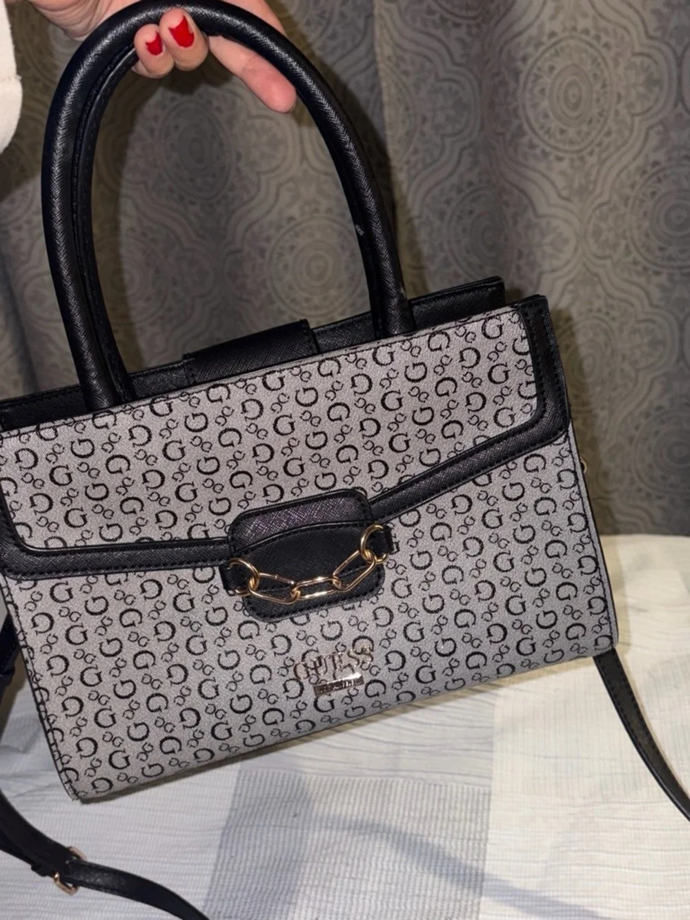 GUESS Gray & Black Logo Satchel with Gold Hardware